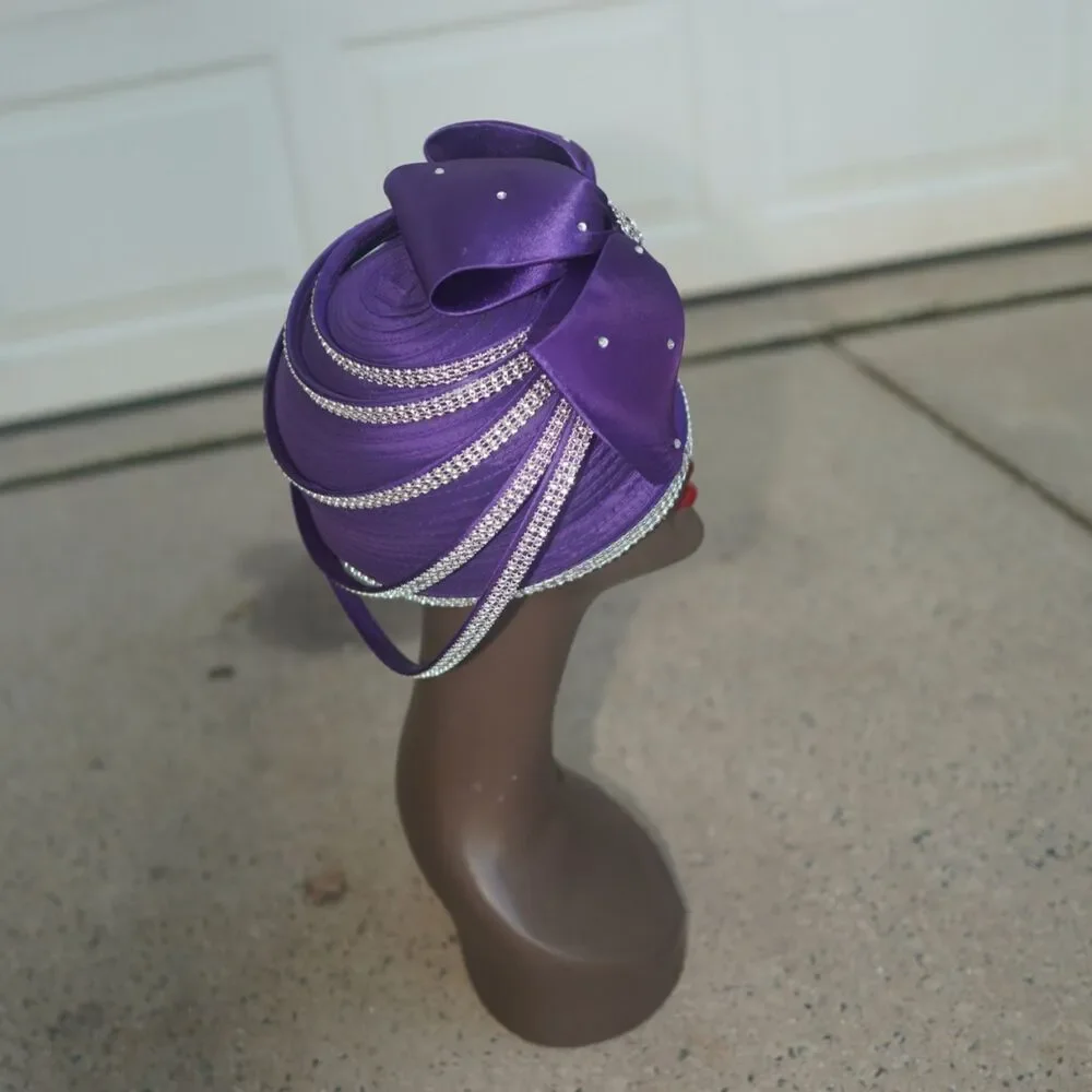 Purple Ribbon Straw Church Hat Rhinestone Bow Vintage Style Pillbox Cloche 7.5”